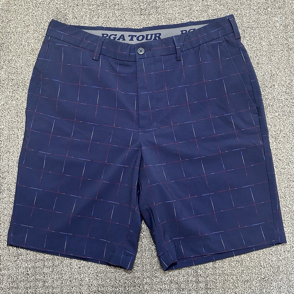 Mens PGA Tour Golf Shorts Flat Front Blue Plaid Size 34 Active Pockets Polyester